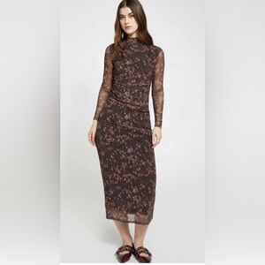 Savior Ruched Black Bodycon Dress with Sheer Floral Overlay